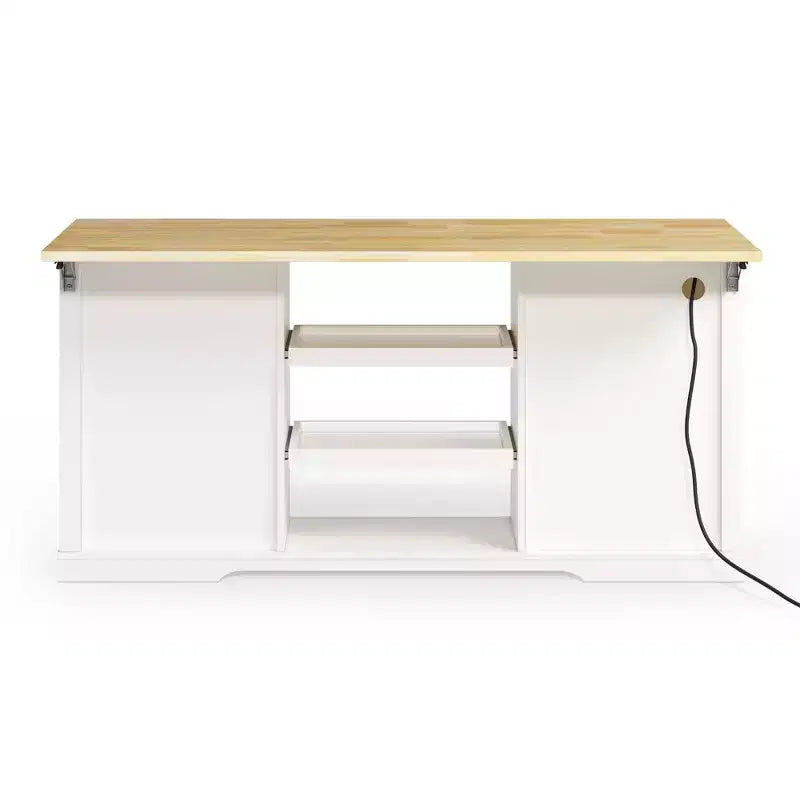 White Drop Leaf Kitchen Island with Rubber Wood Top, Coffee Bar Cabinet with Power Outlet, Drawers & Pull-Out Trays