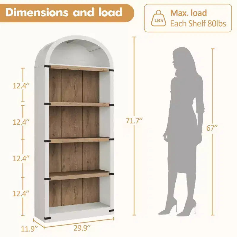Farmhouse Arched 5-Tier Wooden Bookcase, 71.65 Tall, Antique White with Wood Back, Open Display Shelves for Living Room/Office/Bedroom