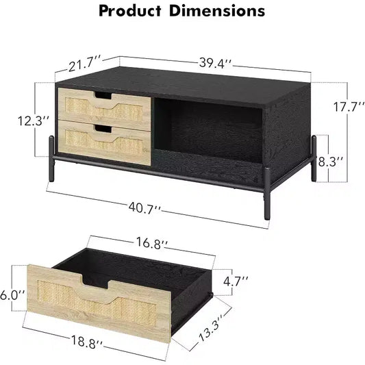 Rectangular Rattan Coffee Table with LED Lights,Modern Farmhouse Center Table with 4 Drawers & Open Storage Shelf,Wooden Accent Table for Living Room