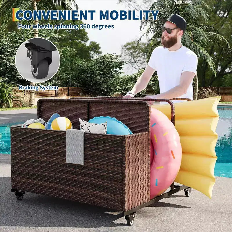 Outdoor Pool Float Storage Organizer with Rolling Wheels, Wicker Rattan Pool Caddy & Toy Storage Basket for Poolside, Patio & Deck
