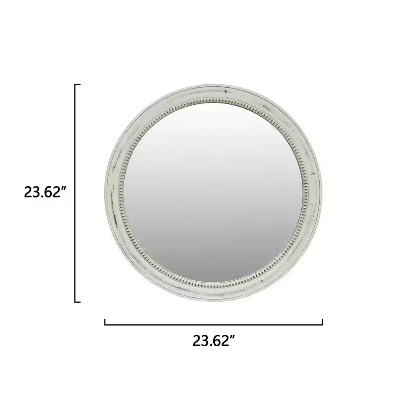 23.62" Vintage Beaded Wood Round Wall Mirror – Distressed Farmhouse Finish