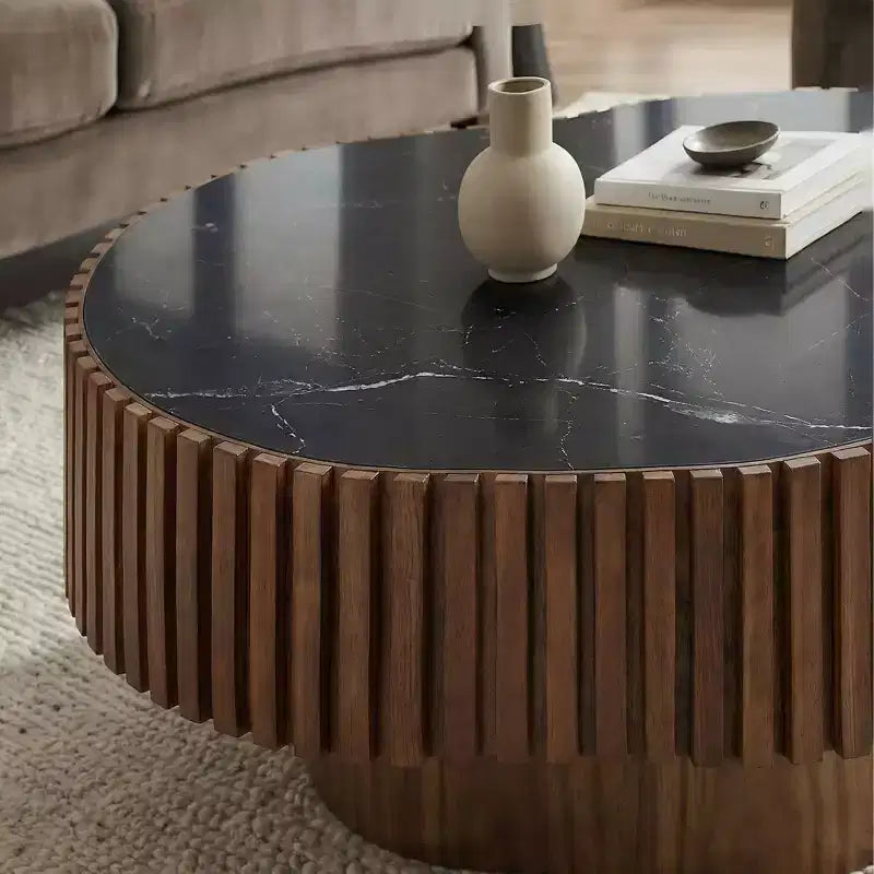 35.43" Modern Round Coffee Table – Sintered Stone Top, Walnut Finish, 260 lb Capacity