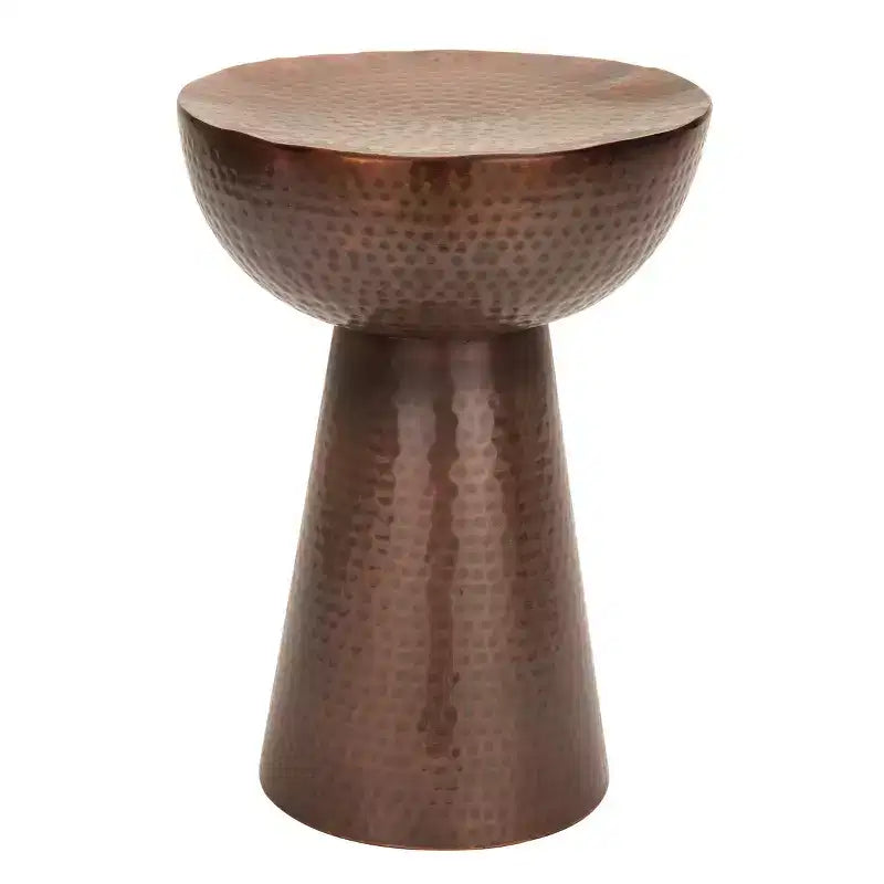 Hammered Bronze Metal Drum End Table – Vintage Style, Hourglass Silhouette, 20"H