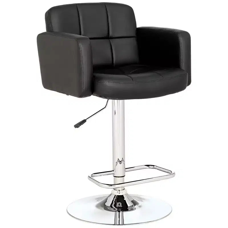 Set of 2 Chrome Swivel Adjustable Bar Stools – Black Faux Leather, 27–33" Height