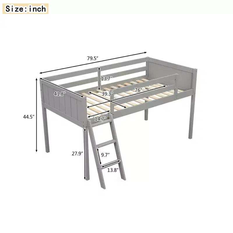 Lit mezzanine bas en bois avec échelle, format simple/double