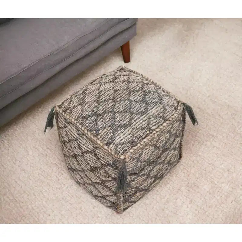 Pouf-ottoman cube en jute naturel gris et taupe de 45 cm
