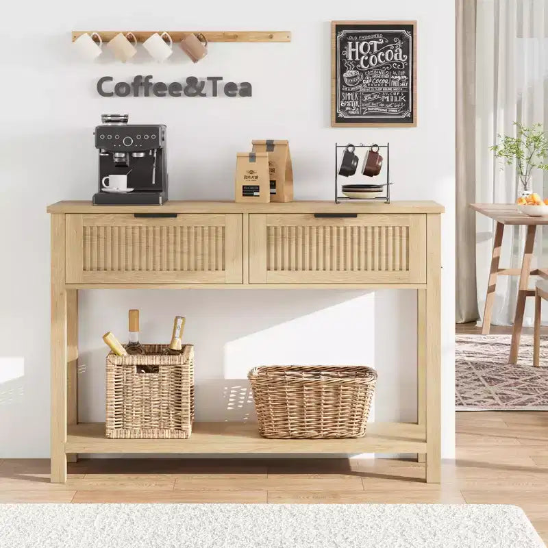 Console en bois cannelée de 43 po avec 2 tiroirs, table d'entrée/de canapé à 2 niveaux
