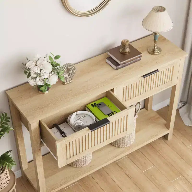 Console en bois cannelée de 43 po avec 2 tiroirs, table d'entrée/de canapé à 2 niveaux