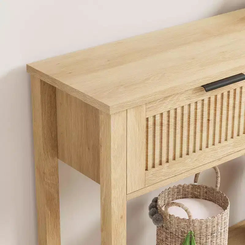 Console en bois cannelée de 43 po avec 2 tiroirs, table d'entrée/de canapé à 2 niveaux