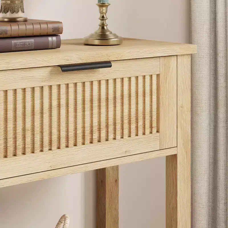 Console en bois cannelée de 43 po avec 2 tiroirs, table d'entrée/de canapé à 2 niveaux