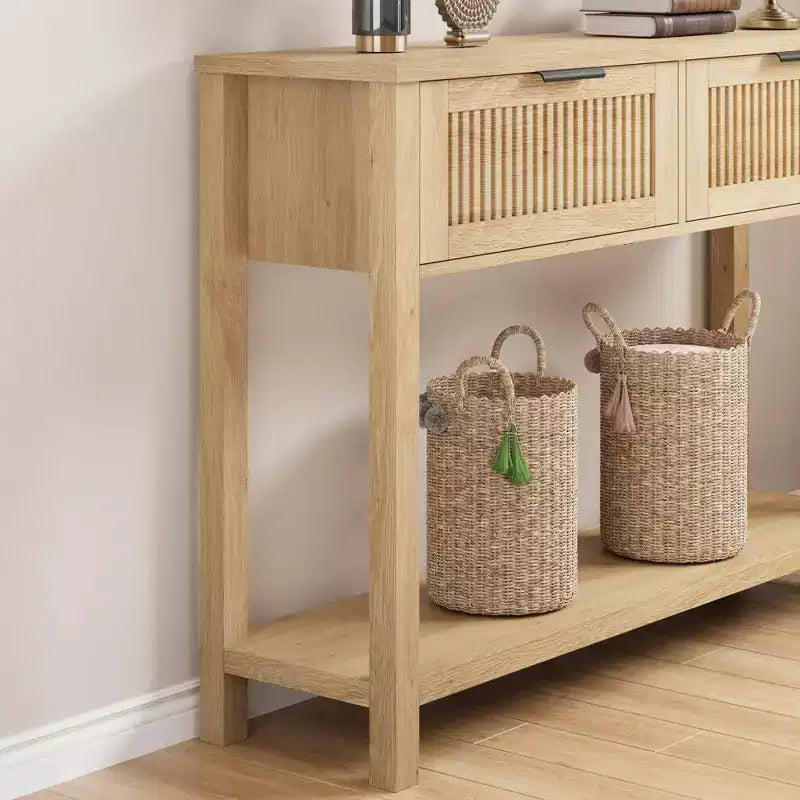 Console en bois cannelée de 43 po avec 2 tiroirs, table d'entrée/de canapé à 2 niveaux