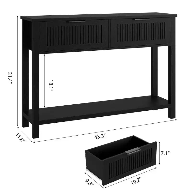Console en bois cannelée de 43 po avec 2 tiroirs, table d'entrée/de canapé à 2 niveaux