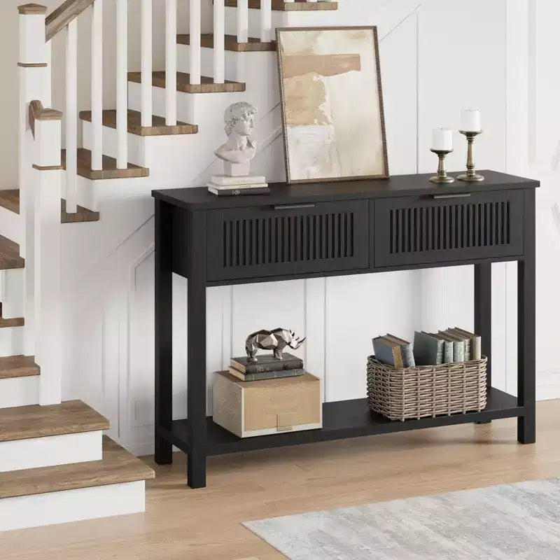 Console en bois cannelée de 43 po avec 2 tiroirs, table d'entrée/de canapé à 2 niveaux