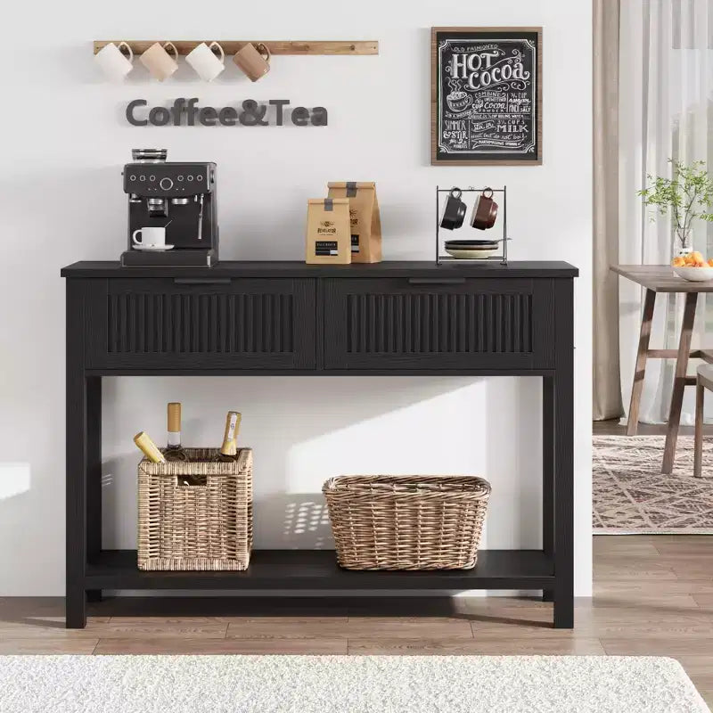 Console en bois cannelée de 43 po avec 2 tiroirs, table d'entrée/de canapé à 2 niveaux