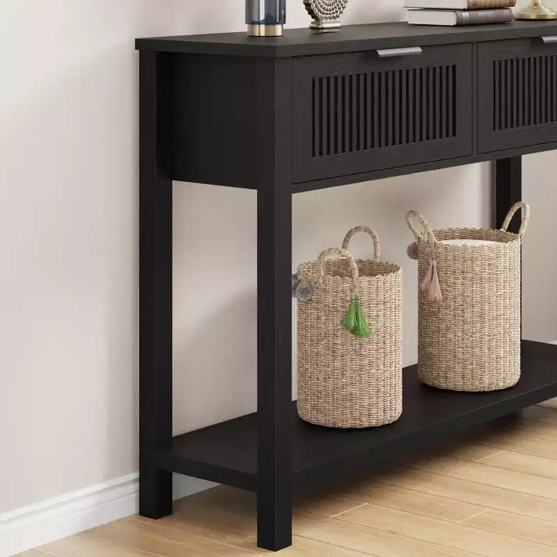 Console en bois cannelée de 43 po avec 2 tiroirs, table d'entrée/de canapé à 2 niveaux