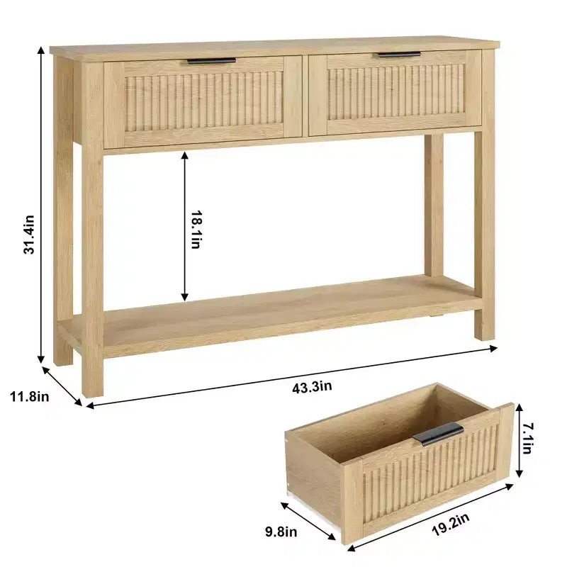 Console en bois cannelée de 43 po avec 2 tiroirs, table d'entrée/de canapé à 2 niveaux