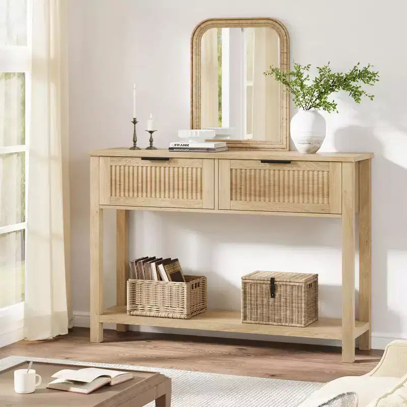 Console en bois cannelée de 43 po avec 2 tiroirs, table d'entrée/de canapé à 2 niveaux