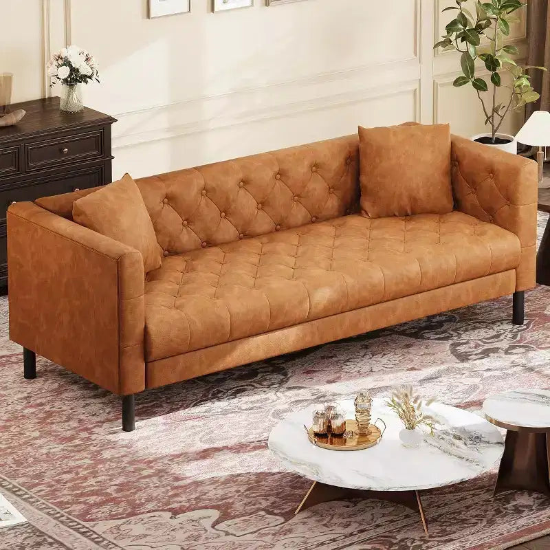 Canapé en cuir Mid-Century Modern pour salon, 3 places à assise profonde avec capitonnage et 2 coussins