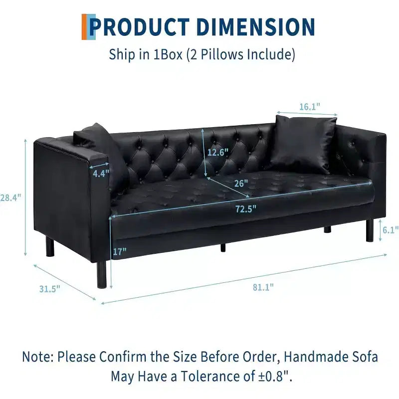 Canapé en cuir Mid-Century Modern pour salon, 3 places à assise profonde avec capitonnage et 2 coussins