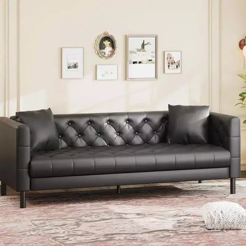 Canapé en cuir Mid-Century Modern pour salon, 3 places à assise profonde avec capitonnage et 2 coussins