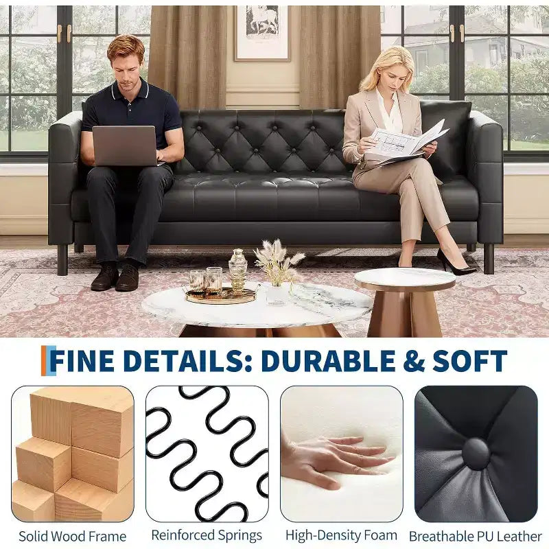 Canapé en cuir Mid-Century Modern pour salon, 3 places à assise profonde avec capitonnage et 2 coussins