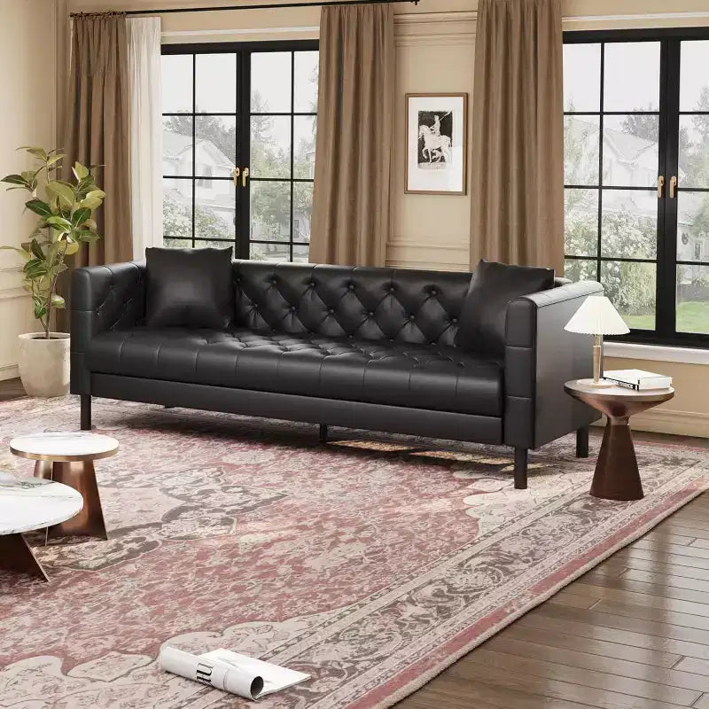 Canapé en cuir Mid-Century Modern pour salon, 3 places à assise profonde avec capitonnage et 2 coussins