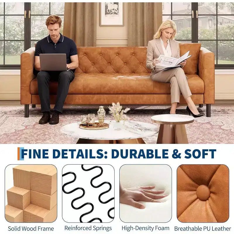 Canapé en cuir Mid-Century Modern pour salon, 3 places à assise profonde avec capitonnage et 2 coussins