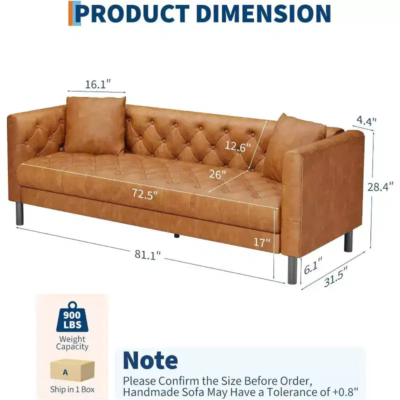 Canapé en cuir Mid-Century Modern pour salon, 3 places à assise profonde avec capitonnage et 2 coussins