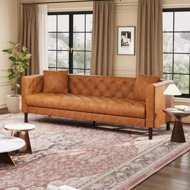 Canapé en cuir Mid-Century Modern pour salon, 3 places à assise profonde avec capitonnage et 2 coussins
