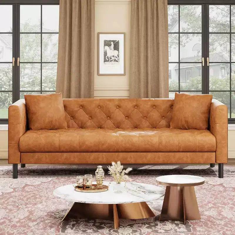 Canapé en cuir Mid-Century Modern pour salon, 3 places à assise profonde avec capitonnage et 2 coussins