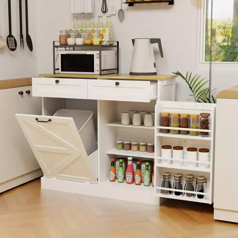 Meuble de Rangement Poubelle Basculante avec Tiroirs – Blanc, MDF E1