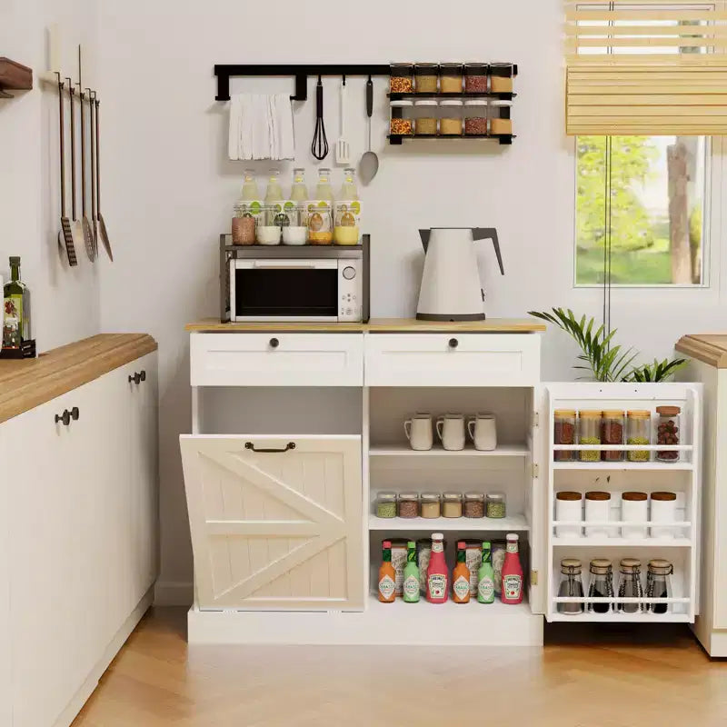 Meuble de Rangement Poubelle Basculante avec Tiroirs – Blanc, MDF E1