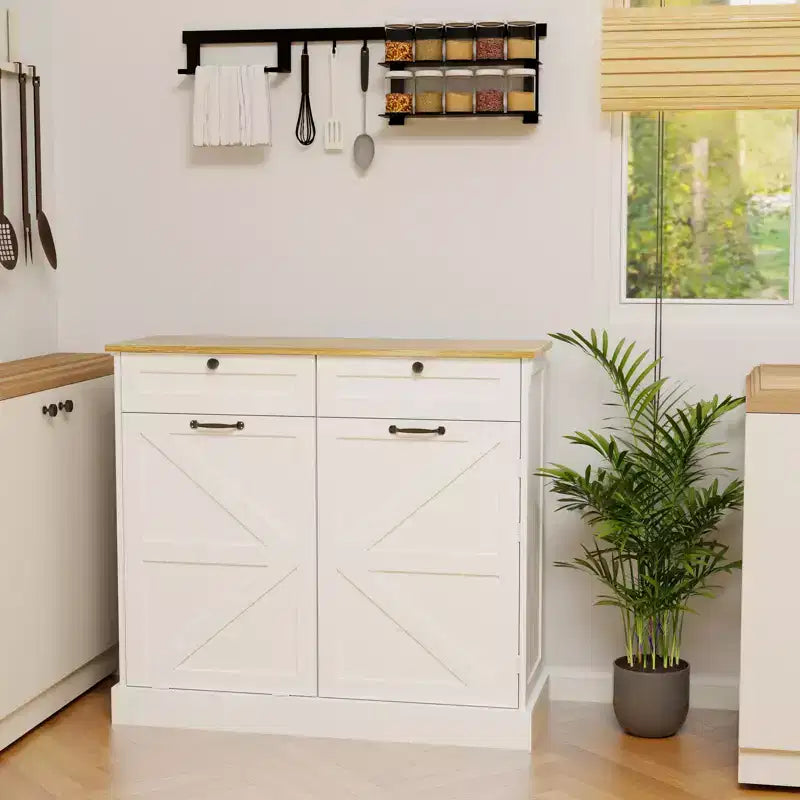 Meuble de Rangement Poubelle Basculante avec Tiroirs – Blanc, MDF E1