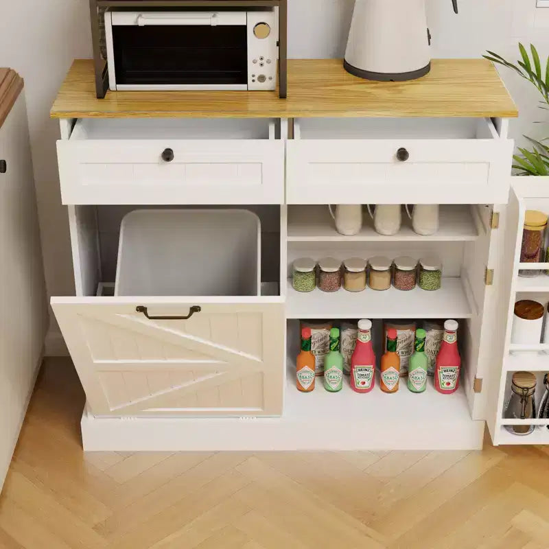 Meuble de Rangement Poubelle Basculante avec Tiroirs – Blanc, MDF E1