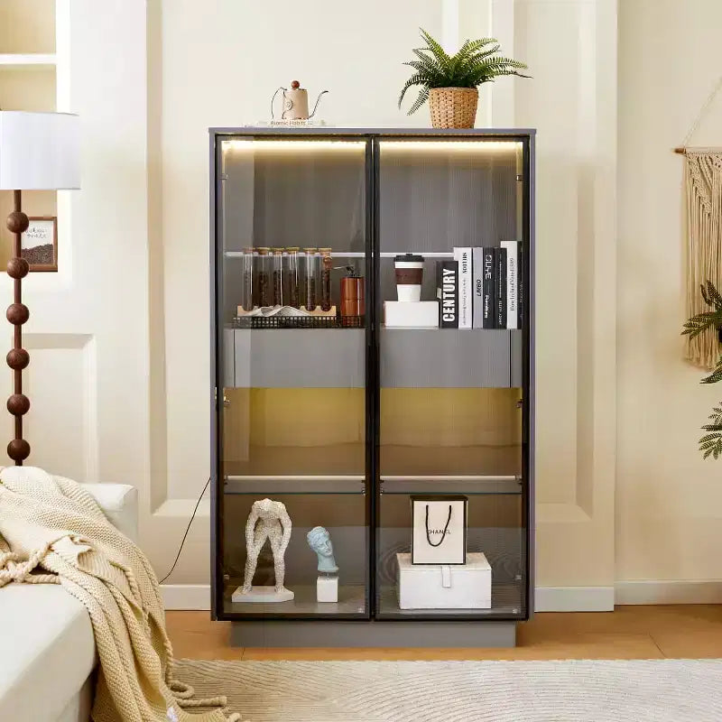 Meuble vitrine de 154 cm de haut avec tiroirs et étagères en verre, unité de rangement moderne avec lumières LED pour salon