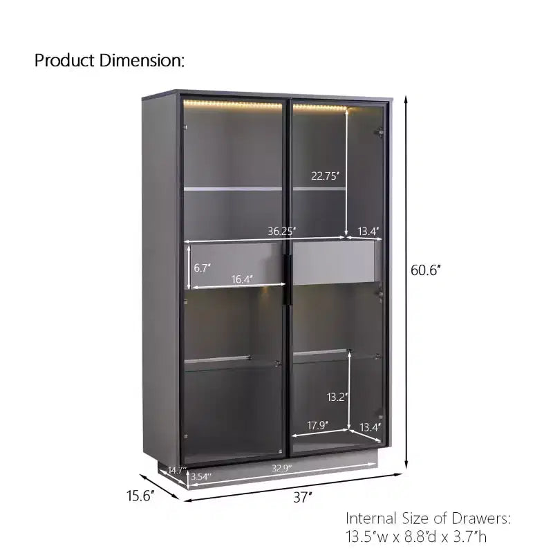 Meuble vitrine de 154 cm de haut avec tiroirs et étagères en verre, unité de rangement moderne avec lumières LED pour salon