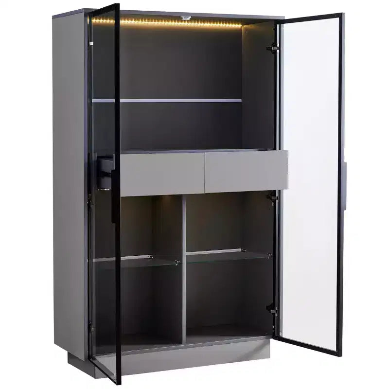 Meuble vitrine de 154 cm de haut avec tiroirs et étagères en verre, unité de rangement moderne avec lumières LED pour salon