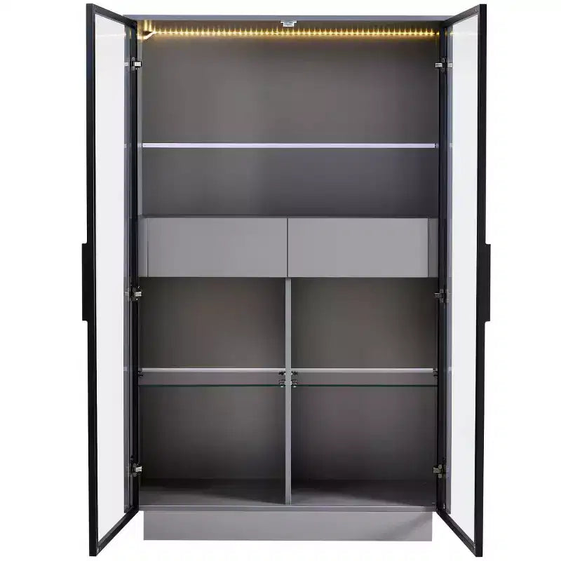 Meuble vitrine de 154 cm de haut avec tiroirs et étagères en verre, unité de rangement moderne avec lumières LED pour salon