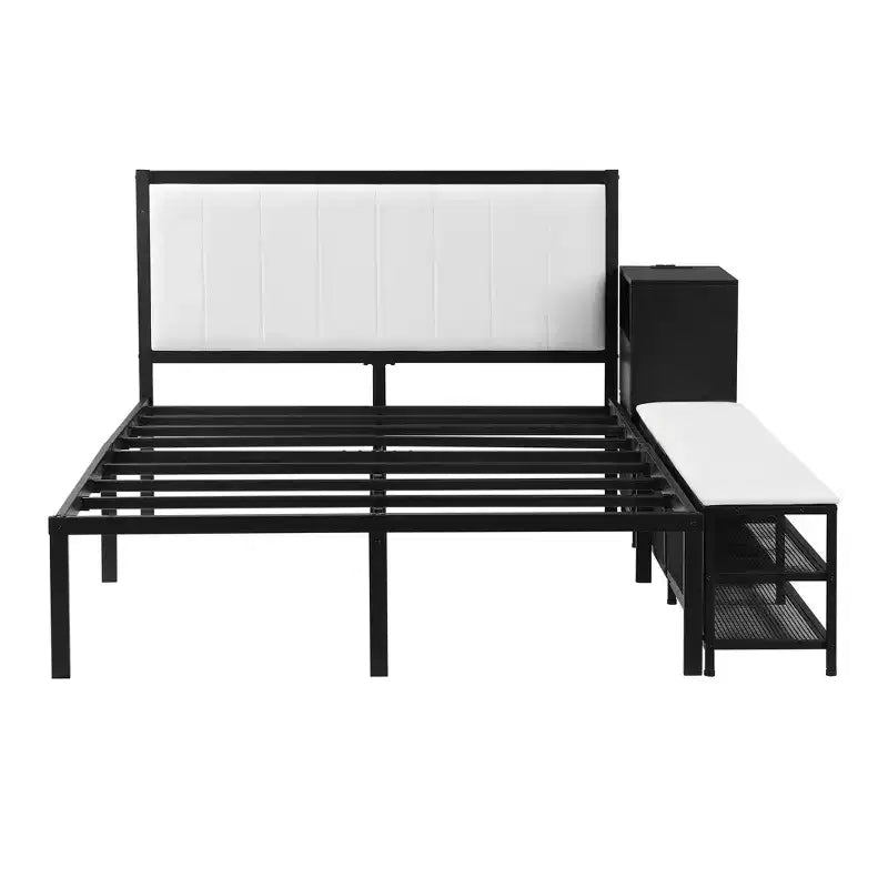 Lit plateforme double en métal avec tête de lit capitonnée, étagères de rangement, armoire et ports USB