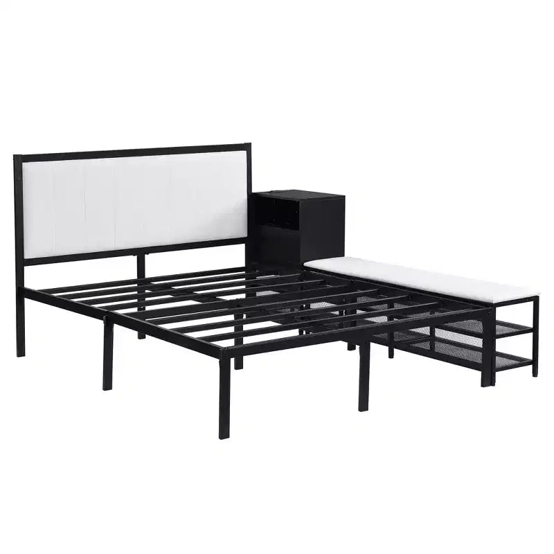 Lit plateforme double en métal avec tête de lit capitonnée, étagères de rangement, armoire et ports USB