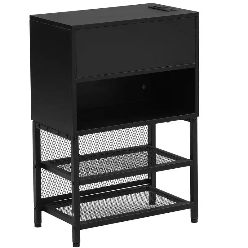 Lit plateforme double en métal avec tête de lit capitonnée, étagères de rangement, armoire et ports USB