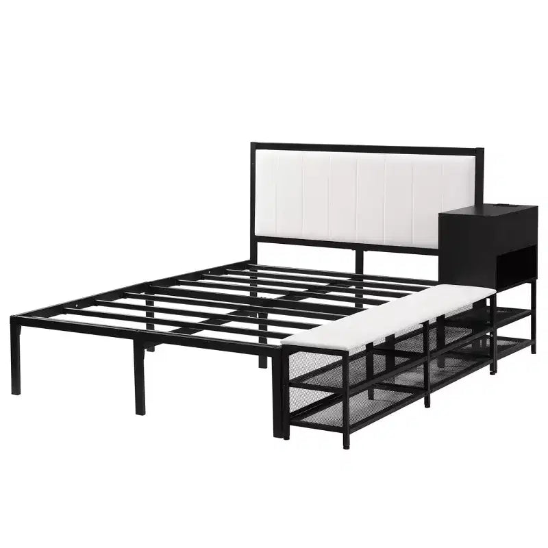Lit plateforme double en métal avec tête de lit capitonnée, étagères de rangement, armoire et ports USB