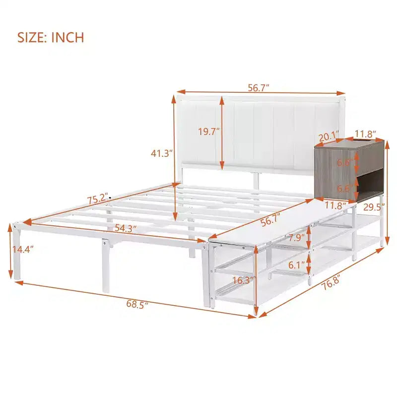 Lit plateforme double en métal avec tête de lit capitonnée, étagères de rangement, armoire et ports USB