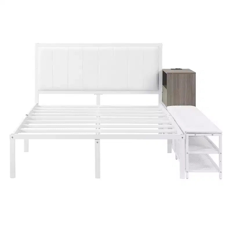 Lit plateforme double en métal avec tête de lit capitonnée, étagères de rangement, armoire et ports USB
