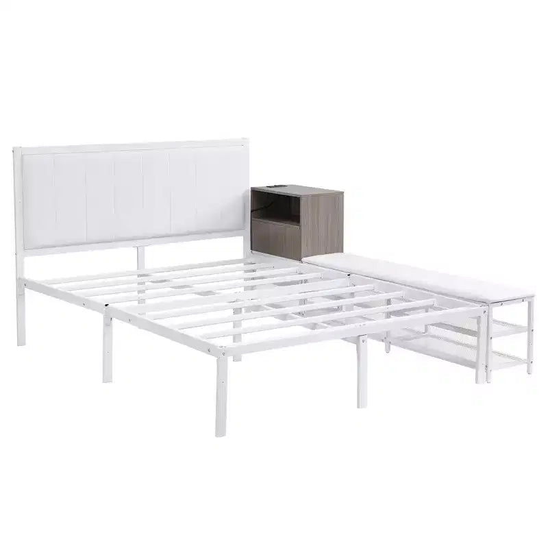 Lit plateforme double en métal avec tête de lit capitonnée, étagères de rangement, armoire et ports USB