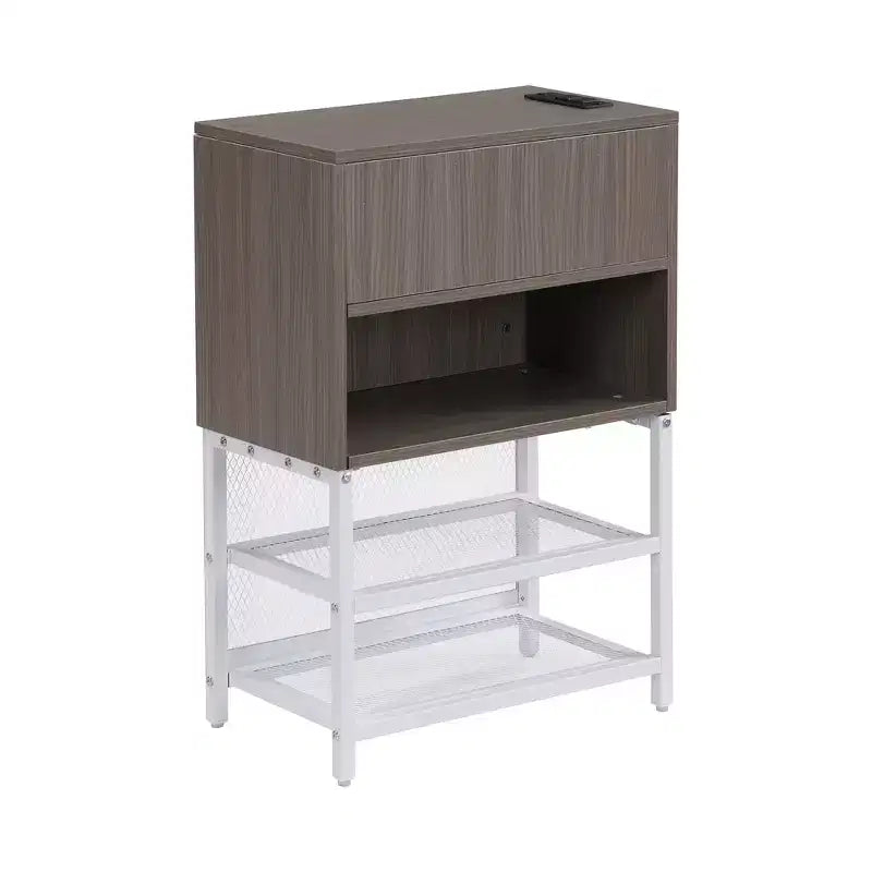 Lit plateforme double en métal avec tête de lit capitonnée, étagères de rangement, armoire et ports USB
