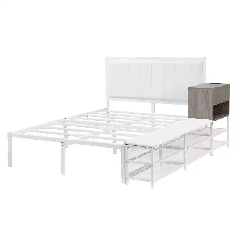 Lit plateforme double en métal avec tête de lit capitonnée, étagères de rangement, armoire et ports USB