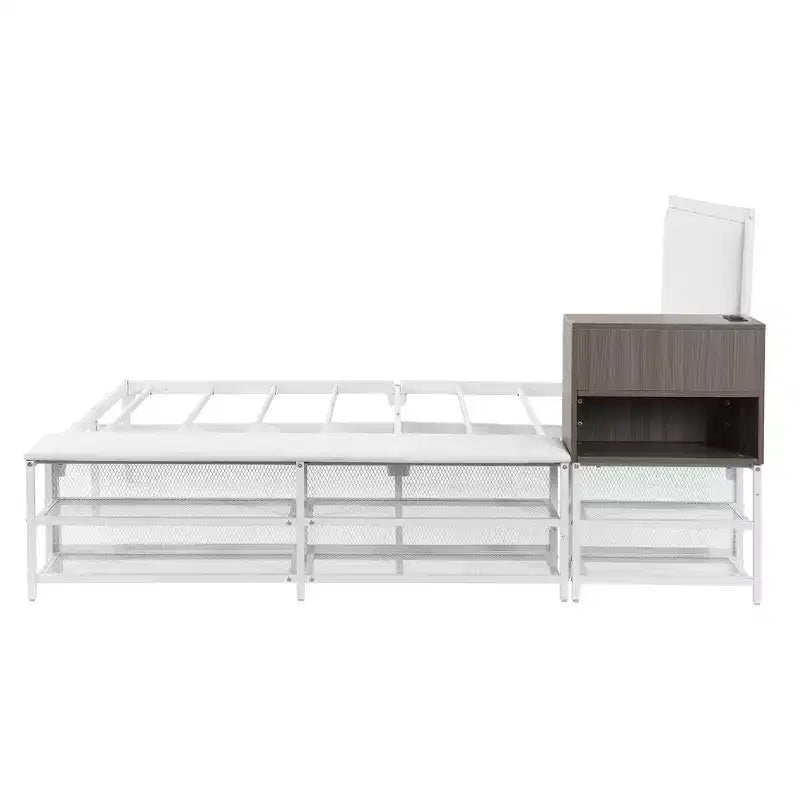 Lit plateforme double en métal avec tête de lit capitonnée, étagères de rangement, armoire et ports USB