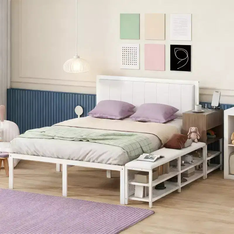 Lit plateforme double en métal avec tête de lit capitonnée, étagères de rangement, armoire et ports USB