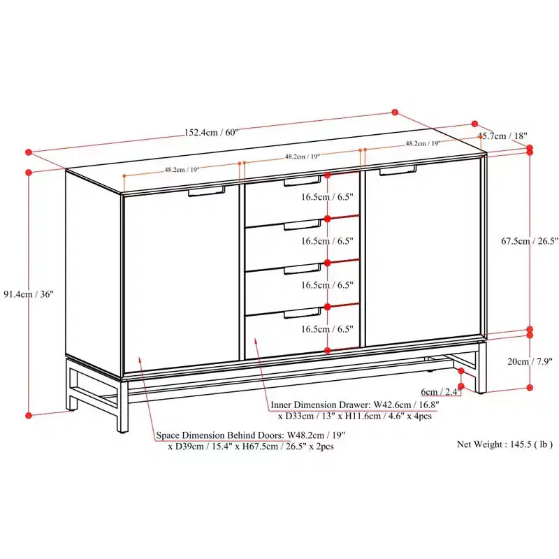 Buffet industriel de 152 cm avec tiroirs centraux en placage chêne